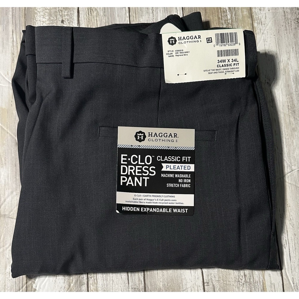 NWT Haggar Pleated Classic‎ Fit Men's Dress Pants 34x34 Gray Adjustable Waist